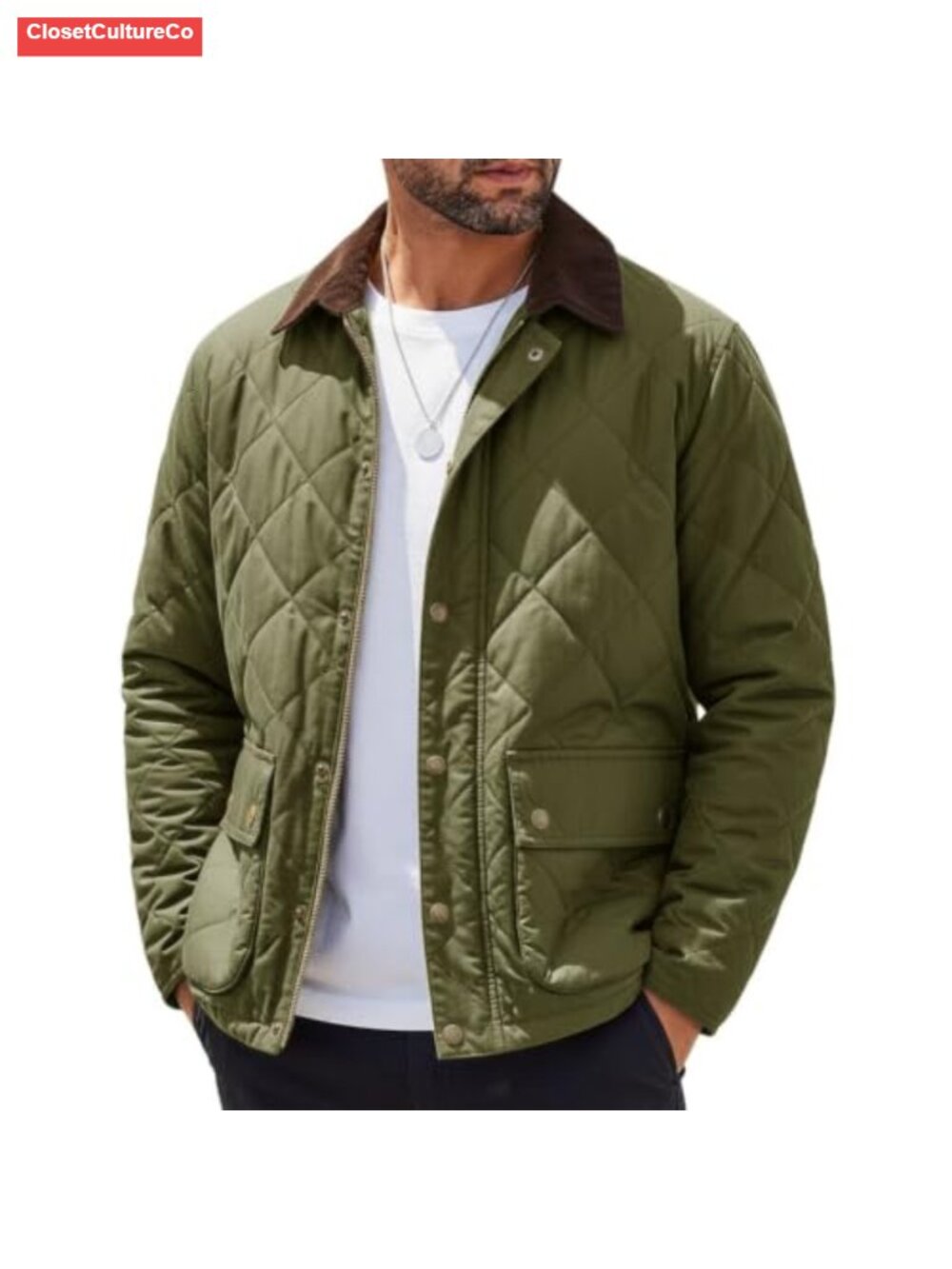Men's Diamond Quilted Bomber Jacket Zip Up Corduroy Collar Regular Fit